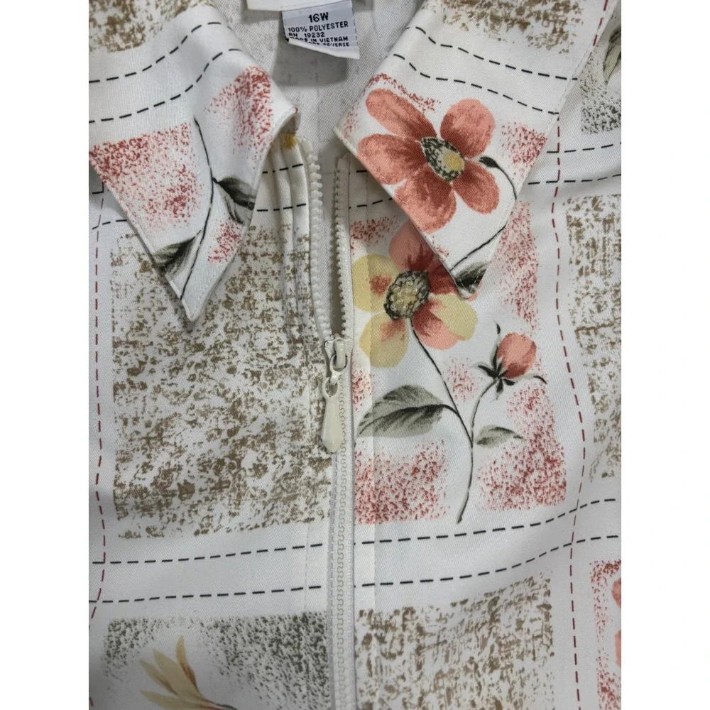 Alfred Dunner Womens 16W Floral‎ Patchwork Zip Up Jacket Beaded Sunflower White